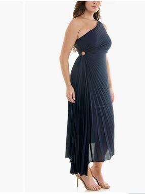 NICOLE MILLER Elegant One-Shoulder Navy Blue Pleated Event Wedding Guest Dress